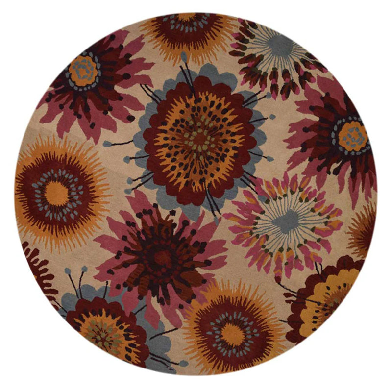 Bibiano Hand Tufted Wool Eco-Friendly Area Rugs - Round, Cream Color, Floral Modern Design, High Pile Thick Handmade Anti Skid Area Rugs for Living Room, Bed Room