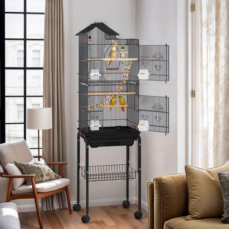 Large Black Metal Bird Cage with Rolling Stand and Toys
