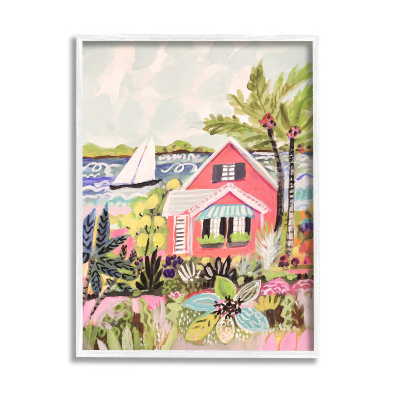«Tropical Cottage Scenery» encadré sur bois par Karen Fields, Estampe numérique encadrée blanc bord de mer