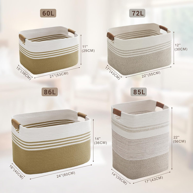 Large Laundry Hamper With Leather Handles - 85L Oversized Storage Basket For Blankets, Toys, Towels, And Dirty Clothes - Durable Cotton Woven Design For Home, Bathroom, And Bedroom Organization