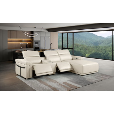 Canapé modulaire blanc en forme de L en cuir italien 4 pièces avec 2 fauteuils inclinables électriques et appuis-tête réglables blancs faisant face à la gauche