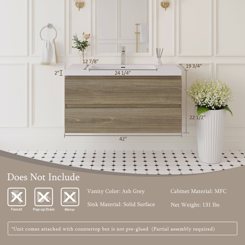 Meuble-lavabo mural 42 po avec lavabo, meuble-lavabo mural moderne avec lavabo à surface solide et tiroirs à fermeture en douceur 42 po