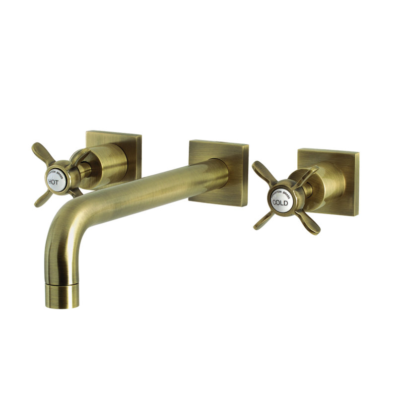 Kingston Brass Manhattan Two-Handle 3-Hole Wall Mount Roman Tub Faucet, Antique Brass, Cross Flat