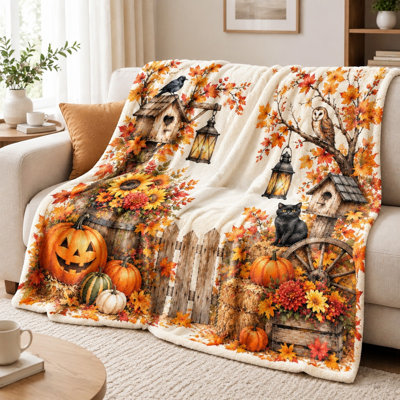 Joli moisson moelleuse, automne, chat d'Halloween, citrouille, décoration, peluche, jeté pour canapé-lit, décoration de la maison