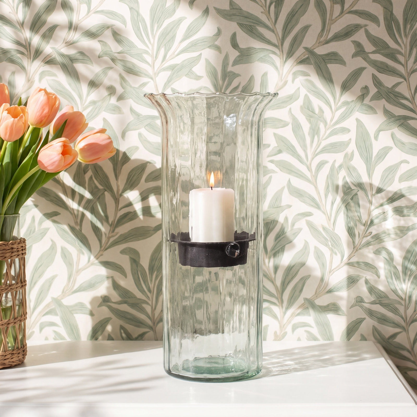 Ribbed Glass Votive Candle Holder, 19" H x 7" W x 7" D