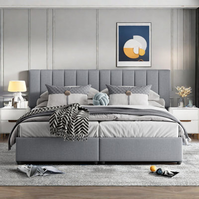 Platform Bed Upholstered Platform Bed Included Two Twin Size Beds, Hydraulic Storage Systems And Vertical Stripe Headboard