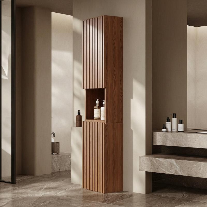 59" Tall Bathroom Wall Mounted Cabinet, Brown Oak