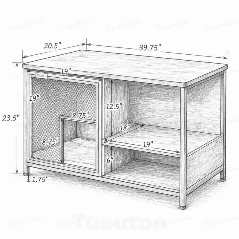 Niche pour chat, cage pour chien de style meuble, maisonnette en bois et acier avec coussin et portes coulissantes