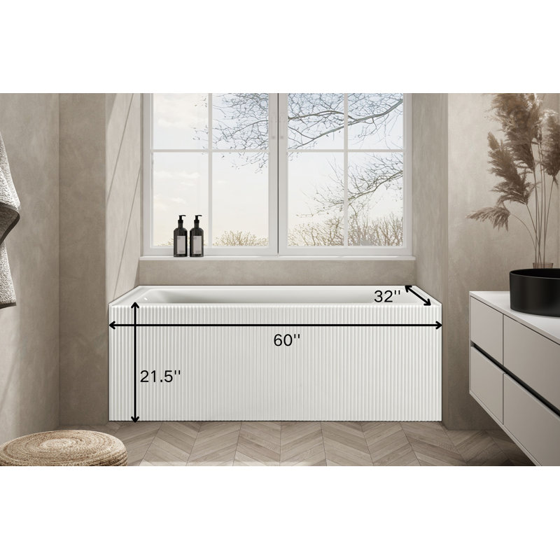 Condris Bliss 60" x 32" Acrylic Alcove Soaking Bathtub, Left Drain Ready, Anti-Slip Bottom, White, Left