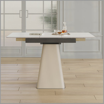 Table de salle à manger rétractable à dalle de roche pliante, table carrée extensible moderne avec base en acier inoxydable revêtue de cuir, table de cuisine à double usage pour les petits appartements