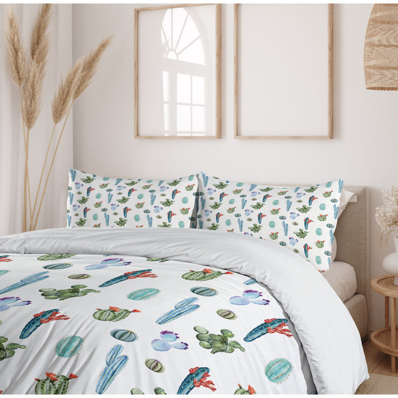 Blue and Green Cactus Print Queen Duvet Cover Set