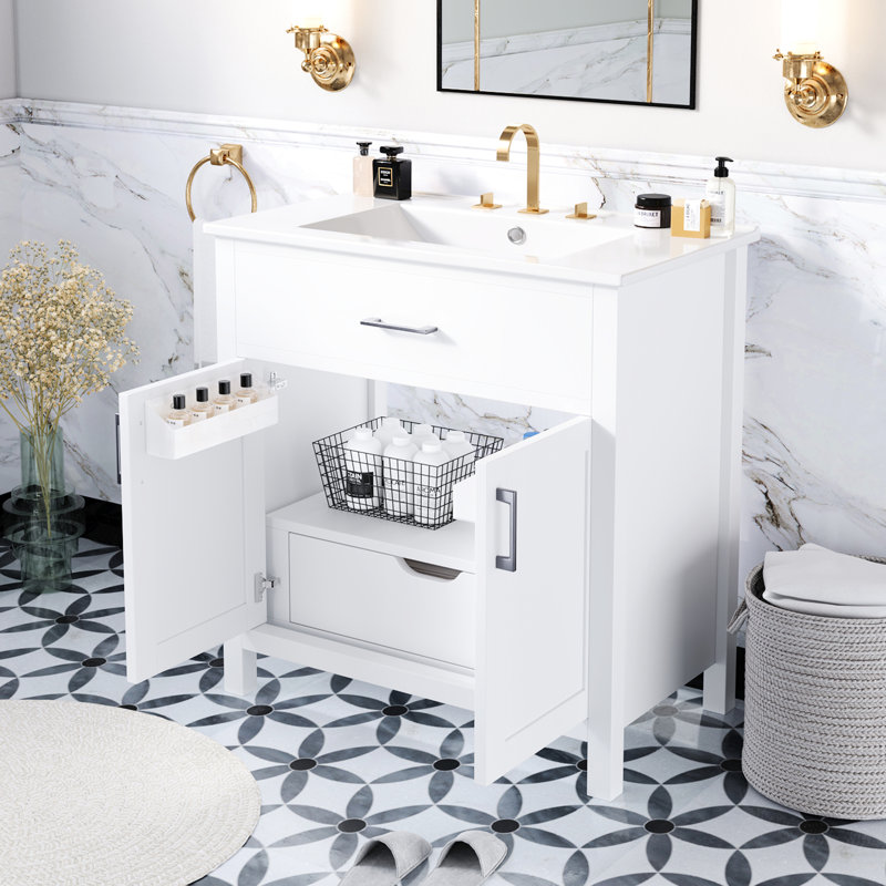 Meuble-lavabo de 30 po: lavabo en céramique et beaucoup de rangement. Compact pour les petites salles de bain. Blanc, bois massif +. 2 portes, 1 tiroir. Élément élégant
