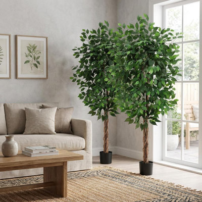 Ensemble de 2 arbres artificiels de 6 pi avec 1008 feuilles plates, deux troncs, verdure réaliste dans des pots noirs pour la maison, le bureau ou le salon - H 78 po, 1 boîte pour 2 arbres Banyan
