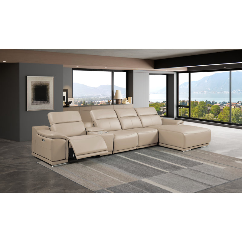 DivanItalia 5-Piece L-Shaped Sectional in Top-Grain Italian Leather with 1 Power Recliner & Adjustable Headrests