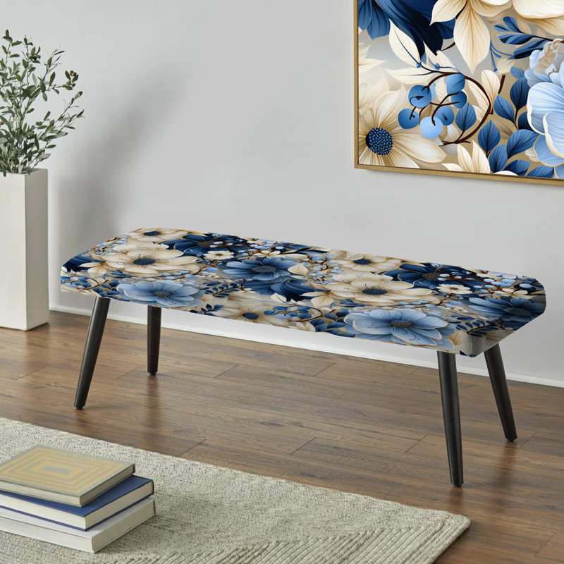 White And Blue Ranunculus Fauna Pattern II - Floral Upholstered Black Bench