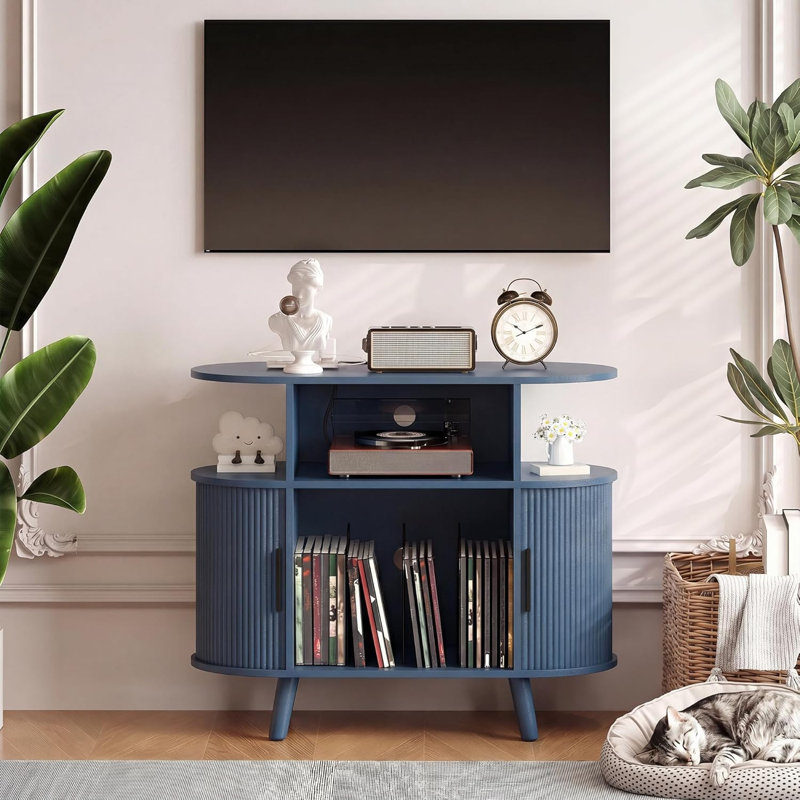 35" Mid Century Modern Turntable Cabinet, Round Wood Record Player Stand with Charging Station, Fluted Arched Storage Shelf for Living Room & Bedroom, Blue