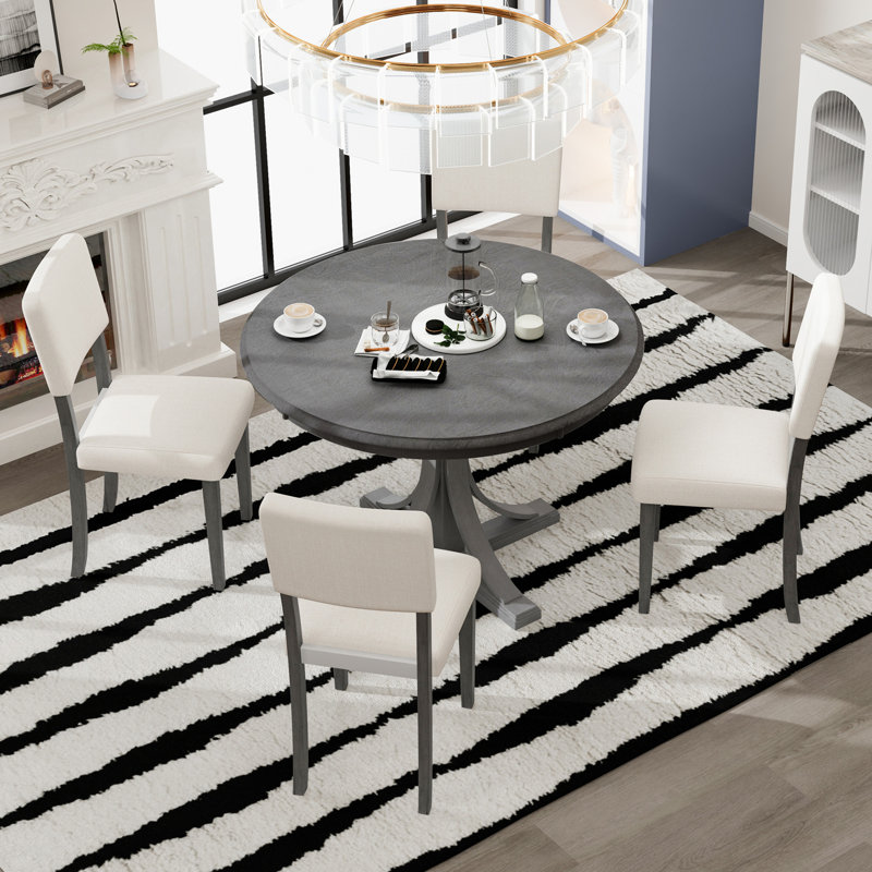 5-Piece Retro Round Dining Table Set With Curved Trestle Style Table Legs And 4 Upholstered Chairs, Gray