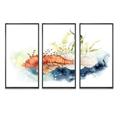 Poisson-lion et varech avec récif de corail et laminaire - 3 pièces encadrées sur toile