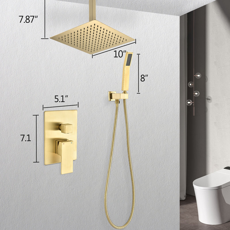 Golden Ceiling Mounted Shower With 10" Head & Handheld - Brass, Brings Natural Rainfall Touch, Self-Cleaning Nozzle, Suits To American Standard Pipe Connections In Gold Handheld, Provides Feeling,