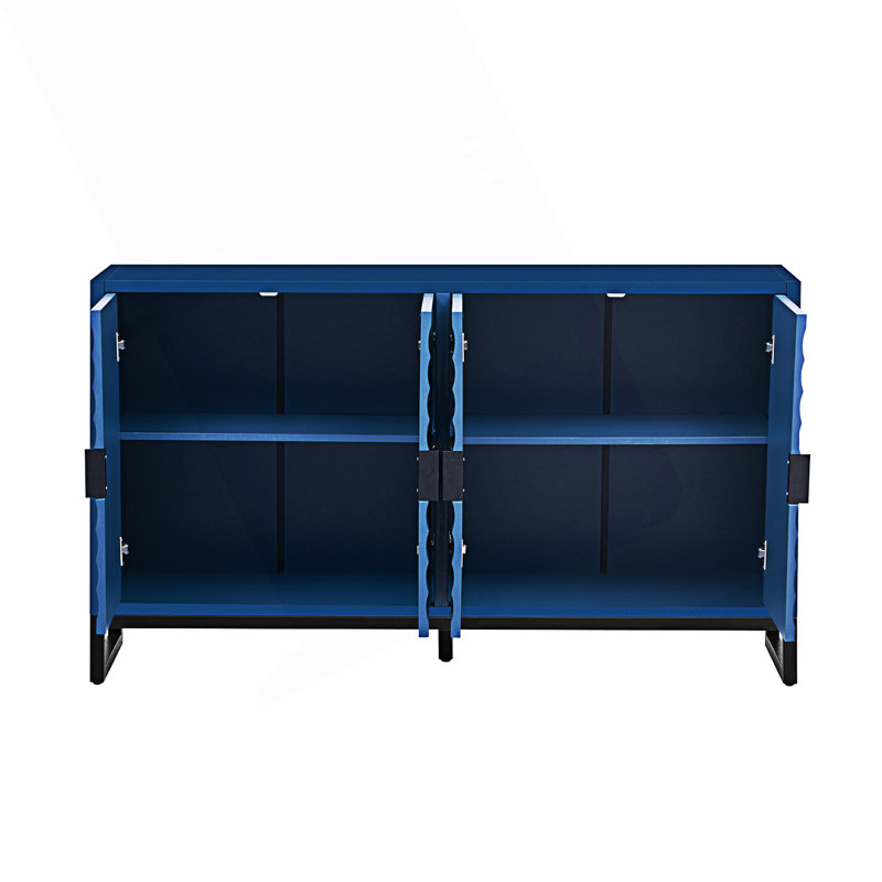 Storage Cabinet Sideboard With Stunning Water Wave Door Design, Navy Blue