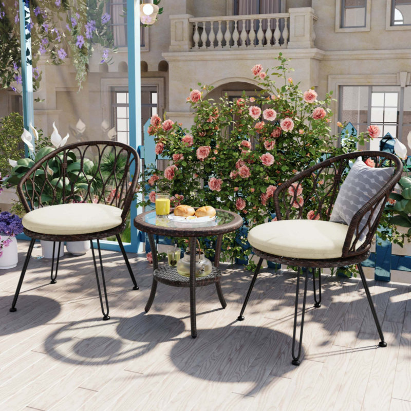 3-Piece Outdoor Rattan Bistro Set, 2 Wicker Chairs & Round Glass Table for Patio, Balcony & Courtyard