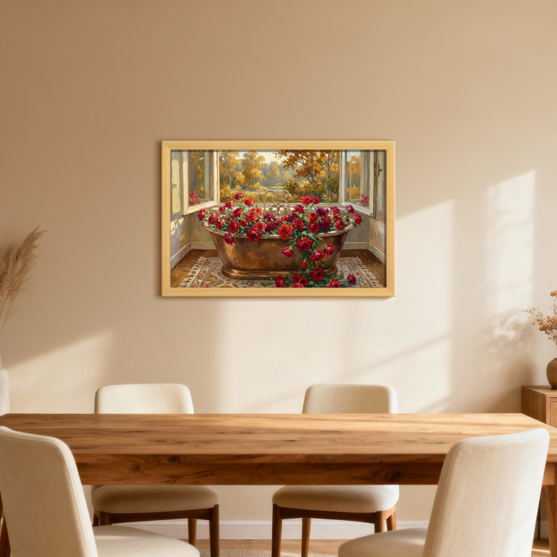 Scène d'automne avec baignoire et roses, H 20 po x l 30 po, Cadre photo unique, Grain de bois clair