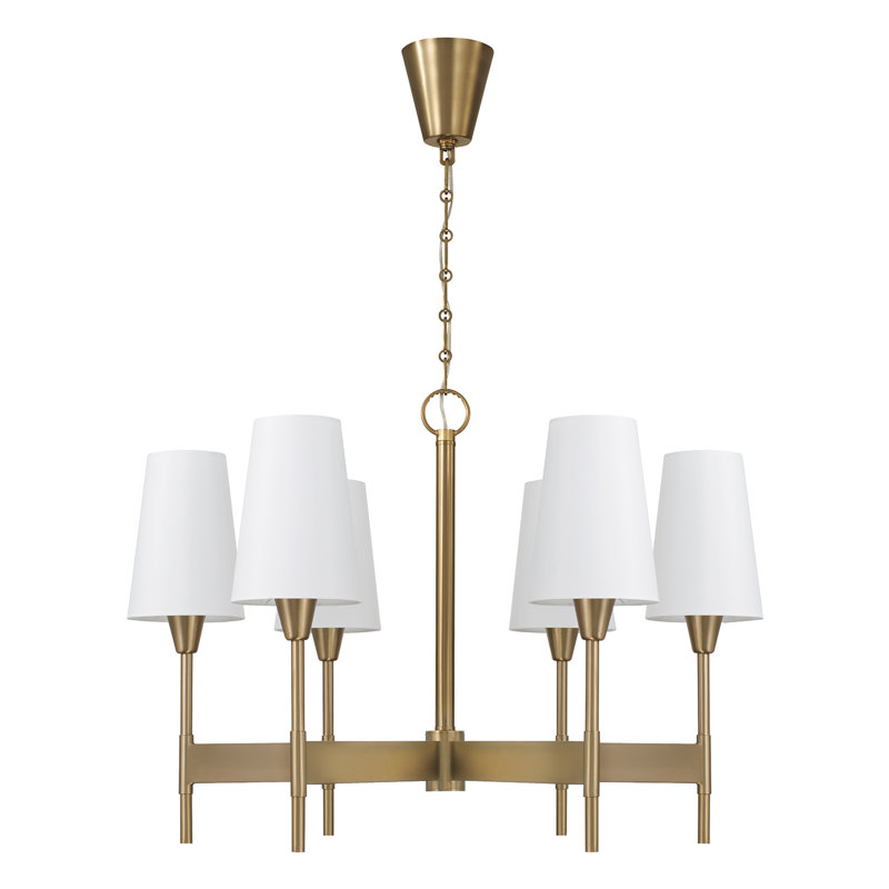 32" W x 22.75" H 6-Light Chandelier in Aged Brass with White Fabric Shades and Designer Canopy, 32"W x 22.75"H, 6