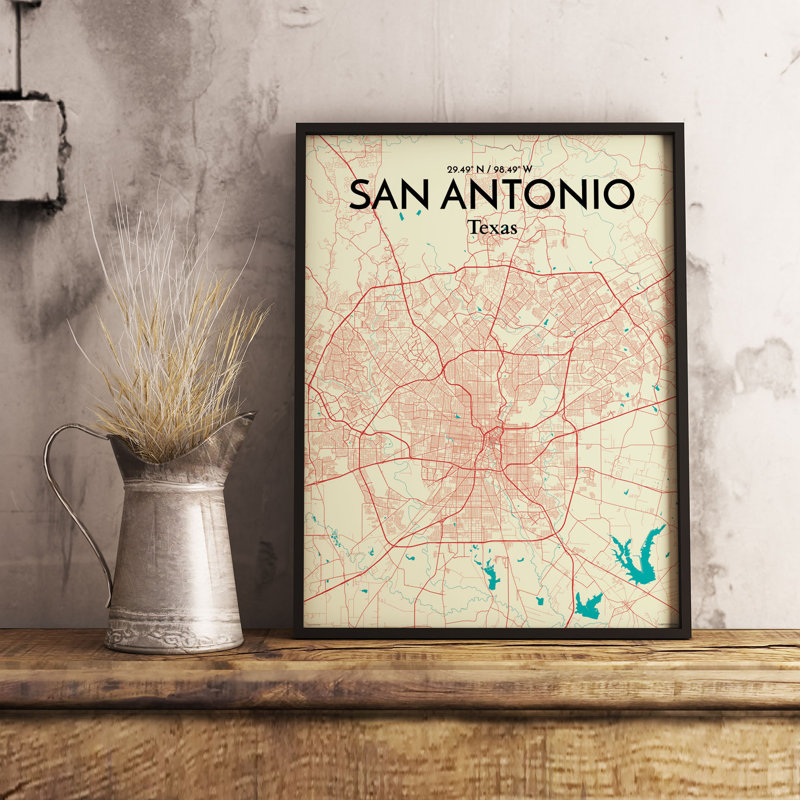 «San Antonio City Map», reproduction d'impression sur affiche en beige, H 17 po x l 11 po