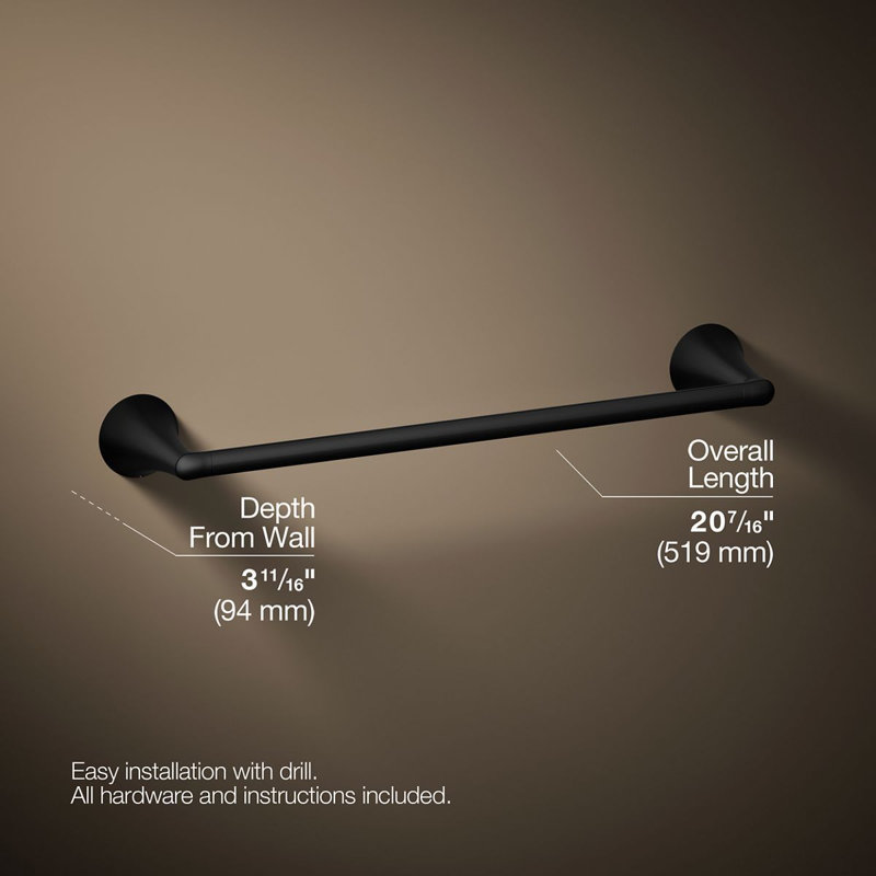 Barre à serviettes Buckley, Noir mat, 3,68 po H x 20,43 po L x 3,68 po P