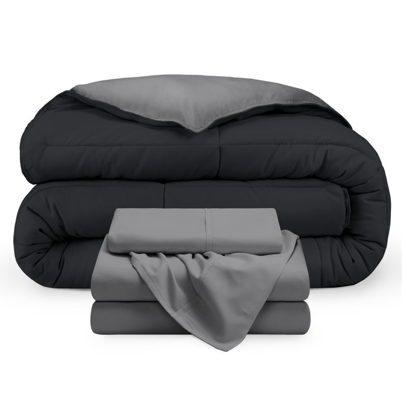 Microfiber Reversible Bed-In-A-Bag, Twin Comforter + 1 Pillowcase, Black/Grey, Grey