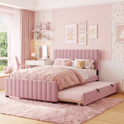 Full Size Velvet Upholstered Platform Bed Frame with Pull‑Out Twin Trundle Bed, Pink Finish, No Box Spring Needed, Space‑Saving Sleepover Bedroom Furniture