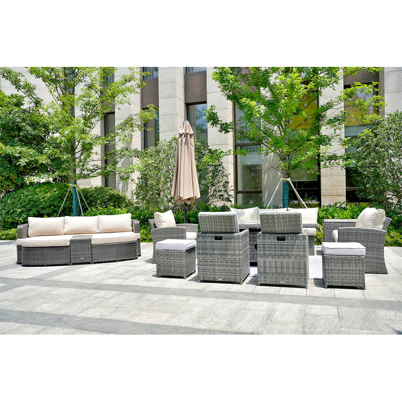 Appoint Gas Fire Pit Dining Table With Corner Sofa Set,  2 Back Folding Chairs 2 Ottomans, A Sectional Lounge Set