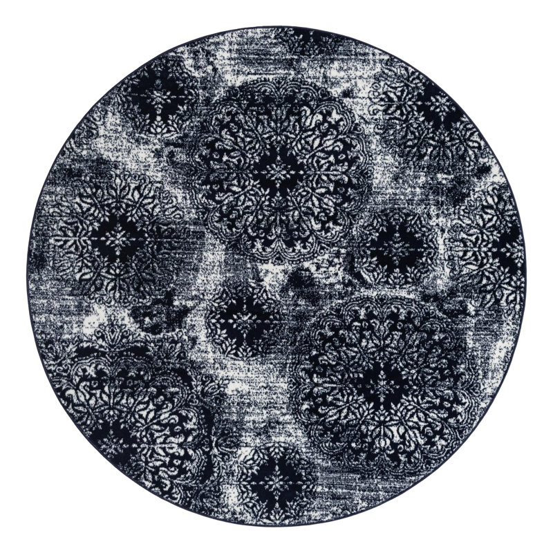 Brandt Floral Area Rug, Navy Blue, Round 5'3"