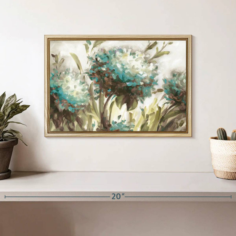 Hydrangea Field Neutral, 13" X 9", Floating Frame Natural Wood