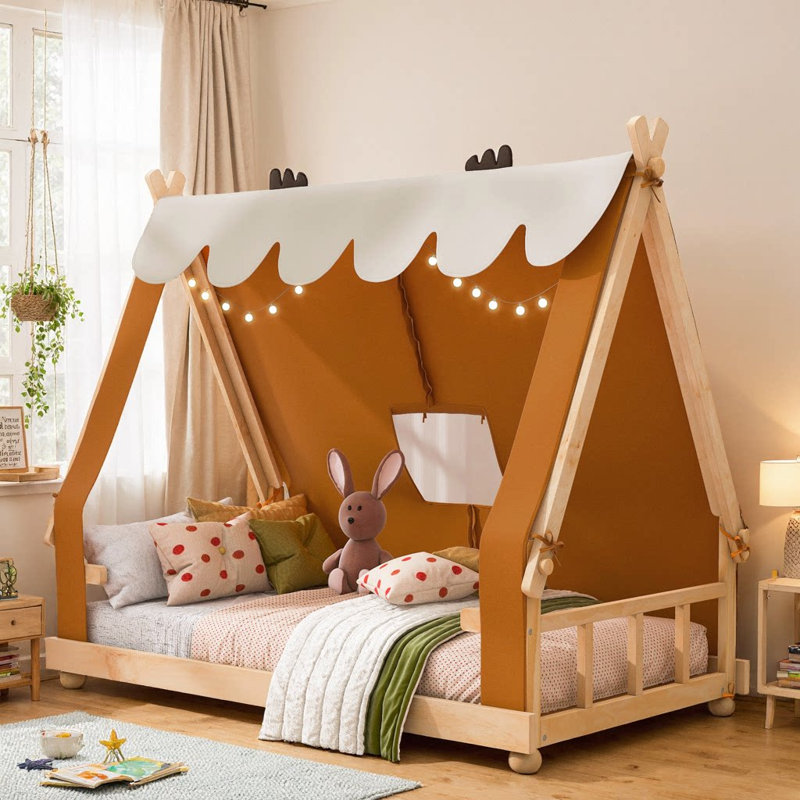 Lit simple pour enfant avec tente détachable, lanterneau et décorations pour enfants, Brun