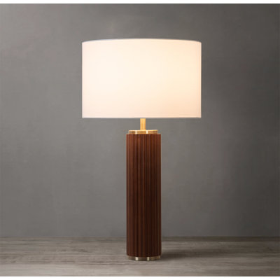 Tambo Table Lamp - Dark Walnut Wood Finish, Weathered Brass, White Linen Shade