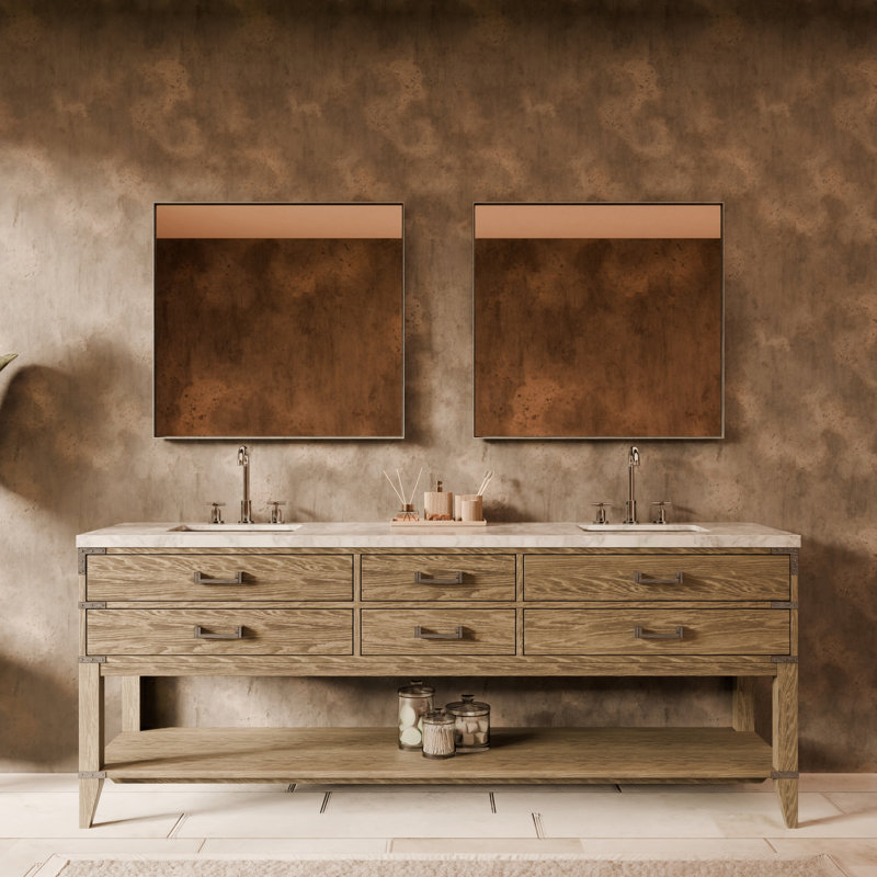 Ensemble de meuble-lavabo double 84 po, Marbre de Carrare blanc, Chêne gris