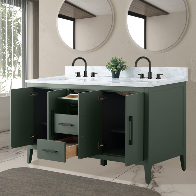 Ensemble de meuble-lavabo double 60 po avec plateau en marbre Chambery, Noir mat, Vert rétro