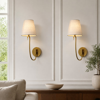 2-Pack Brass-Gold Swan-Neck Hardwired Wall Sconces with Linen Fabric Shades and Metal Bases, Rustic Boho Bedside Lighting for Living Room and Bedroom