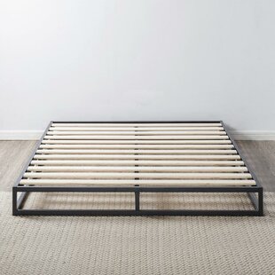 Mellow Maggie Metal Platform Bed with Upholstered Cushion Headboard, Steel Slats, Sky Gray, King