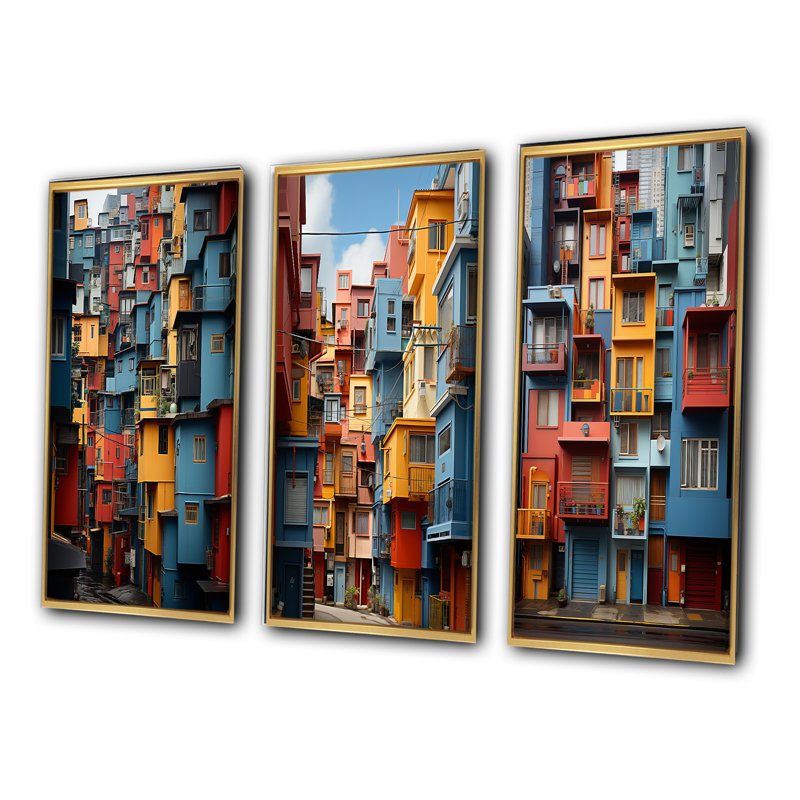 «Cityscape Dynamic Cubic», 3 pièces sur toile, Encadrement doré, H 40 po x l 60 po