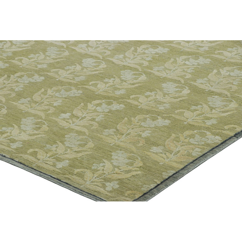 Rug & Kilim’S Block Print Custom Rug Design In Green With Cream Floral Patterns, Rectangle 12' x 18'