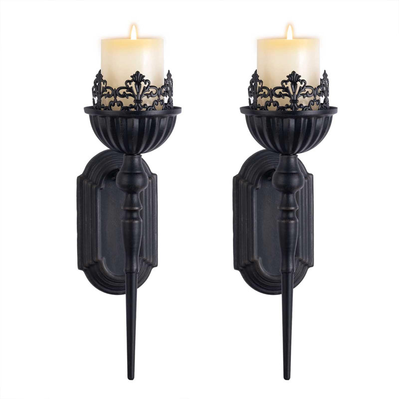 Black Iron and Wood Crown Design Wall Sconce Candle Holders, Set of 2