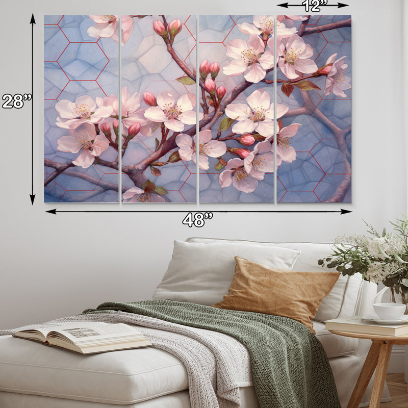 Ensemble de 4 décorations murales 4 fleurs de cerisier roses minimalistes