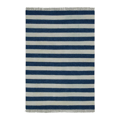 Rug & Kilim's Indian Dhurrie Rug In Cool, Coastal Navy Blue And White Stripes