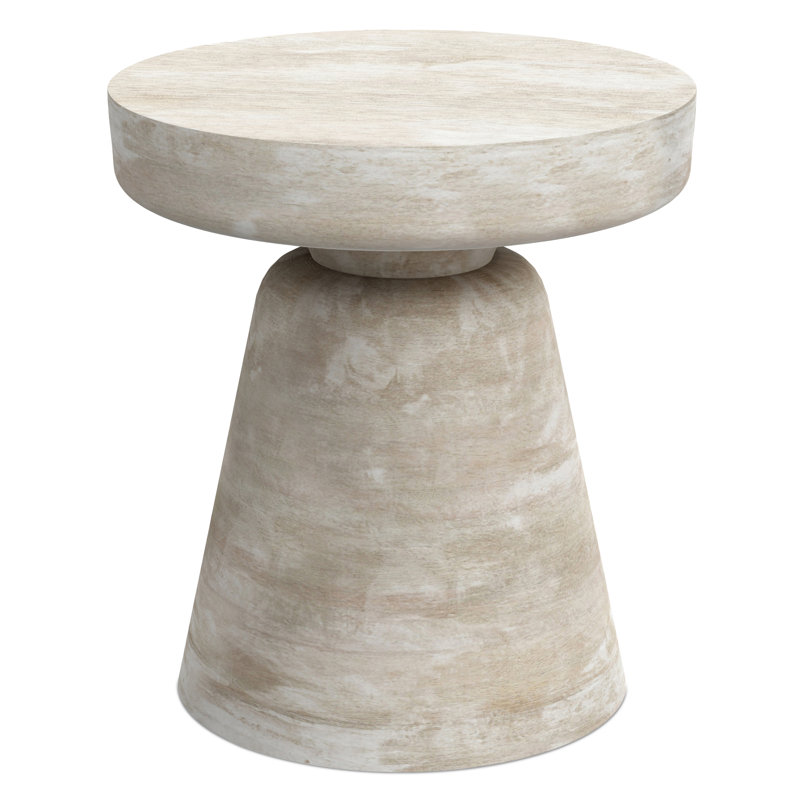 Robbie 16"W Solid Mango Wood Round Accent Table with Sculptural Design, Distressed White Wash
