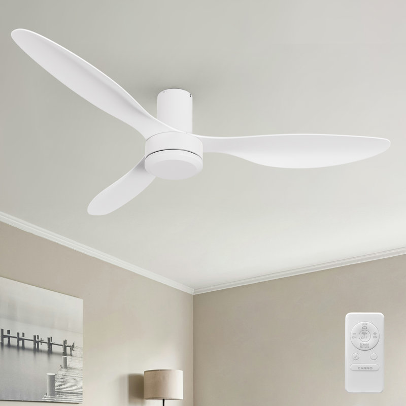 52" White Ceiling Fan No Light, 3-Blade Modern Flush Mount Fan with Remote, Quiet Reversible DC Motor for Indoor Use