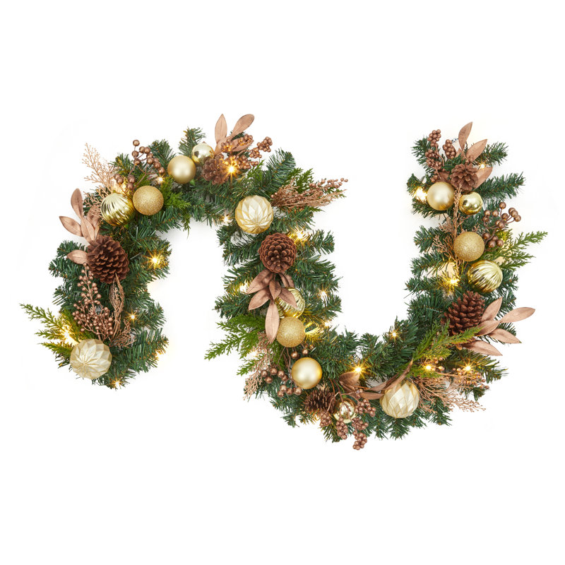Guirlande de Noël artificielle 6 pi avec lumières, pommes de pin, baies, boules dorées pour porte d'entrée de foyer d'escalier, or