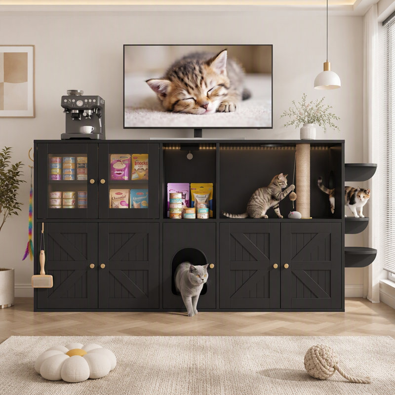 Litière pour chat avec poteau à griffer, lumières DEL et crochets, Noir