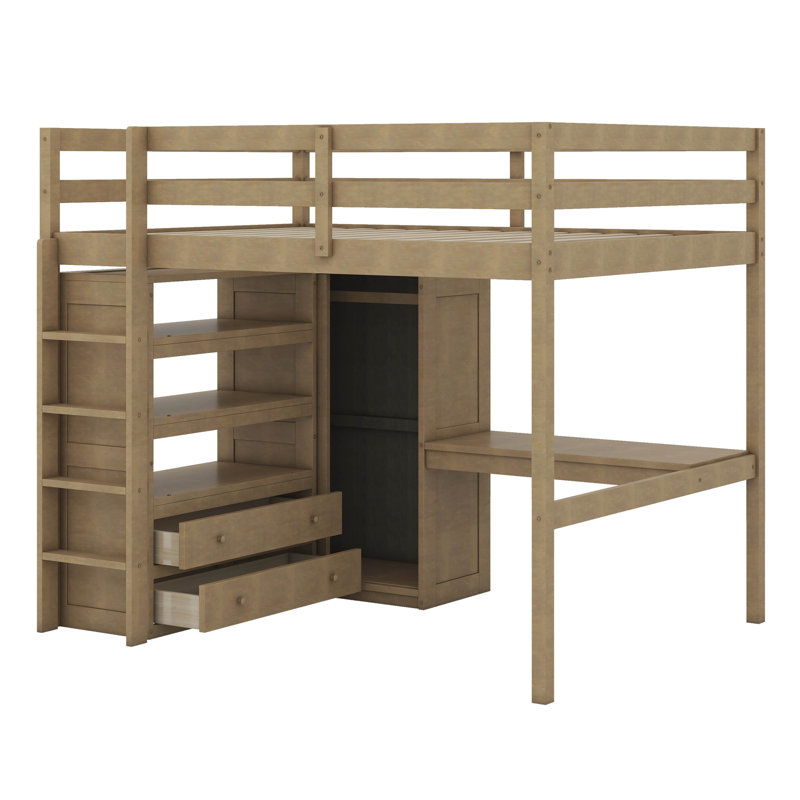  Lit mezzanine double Hriska avec bureau, garde-robe, tablettes et tiroirs, Noyer